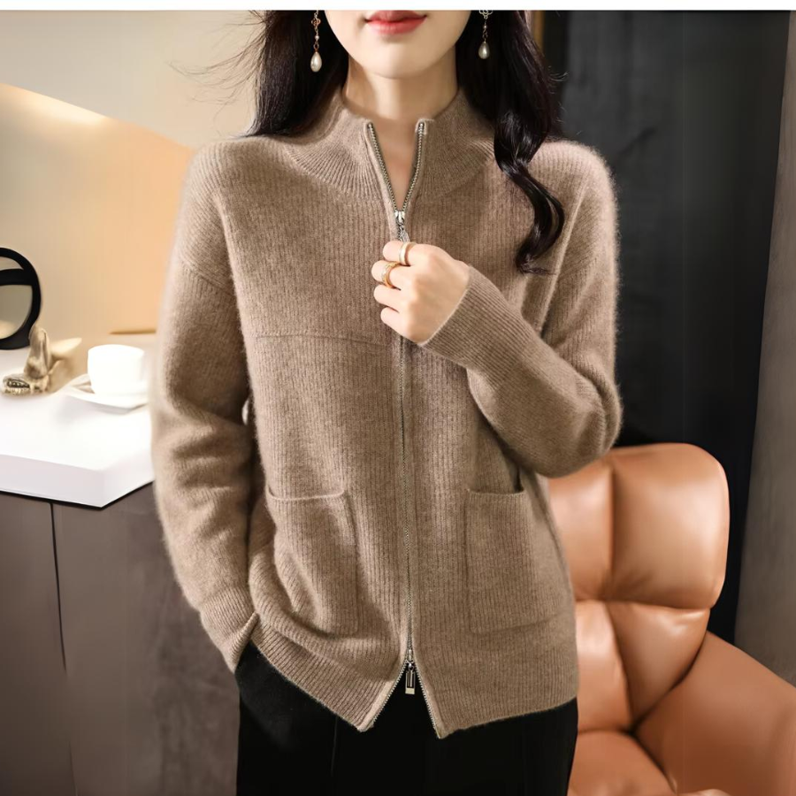 Women's merino wool zip-up jacket relaxed fit, soft silky feel, superior warmth in neutral tone