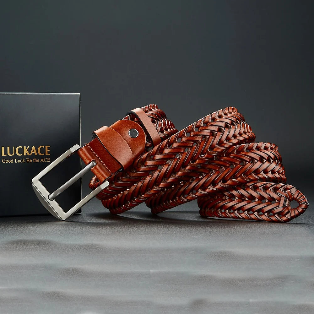 Men's brown handwoven diagonal braided leather belt with polished buckle, Kingsley style