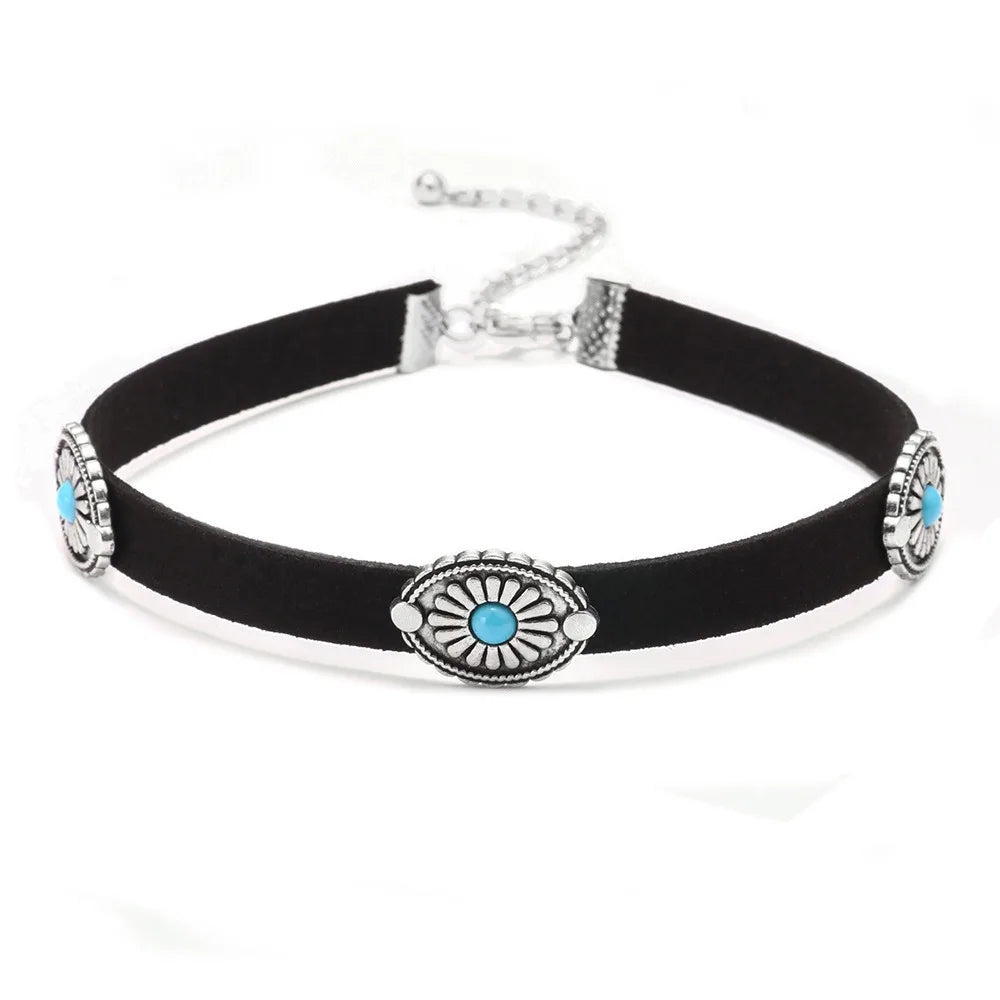 Boho western suede choker necklace with engraved silver conchos and turquoise inlays adjustable fit