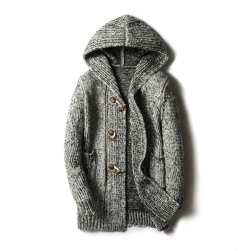 Marled gray hooded cardigan with toggle fastenings, relaxed knit silhouette in textured yarn