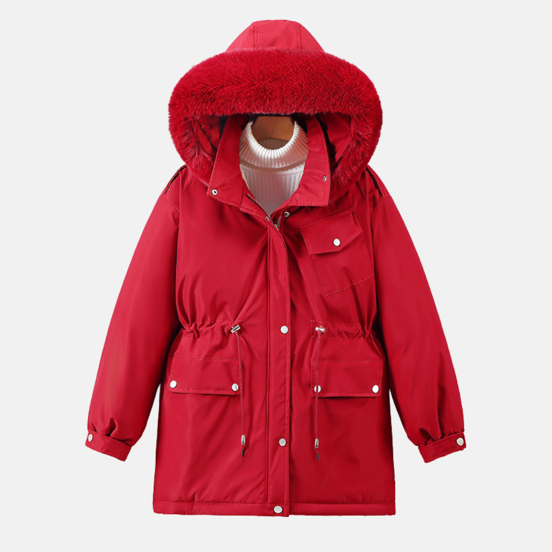 Women's relaxed-fit mid-length parka jacket with weather-resistant fabric and faux fur hood