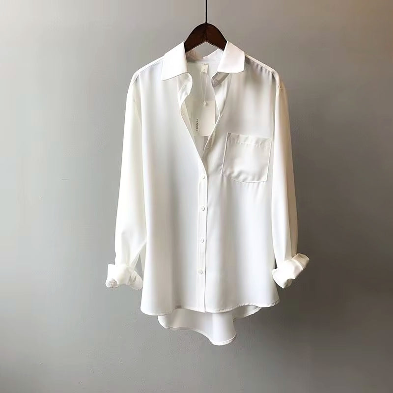 Women's charmeuse blouse lightweight fluid drape silhouette in timeless elegant office-ready style