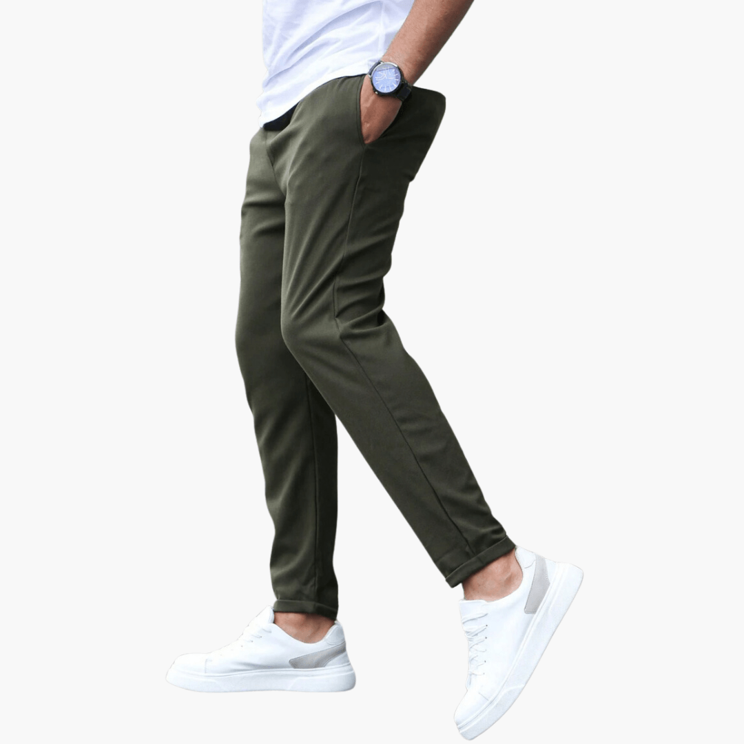 Men's gray stretch trousers slim modern silhouette adaptive flexible fit for all-day comfort