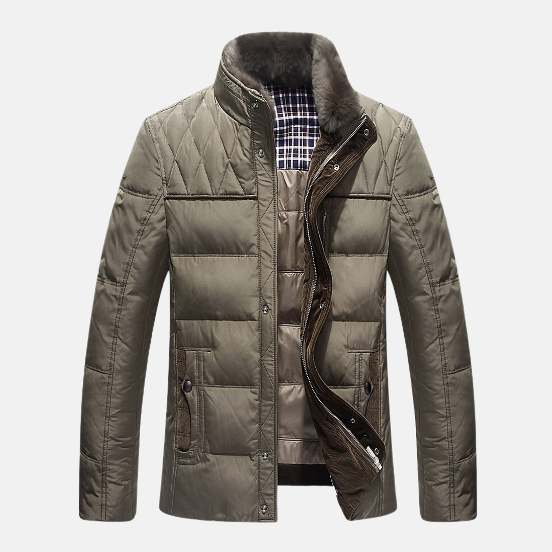 Men's black quilted jacket regular fit hip-length with plush fur lined stand collar winter coat