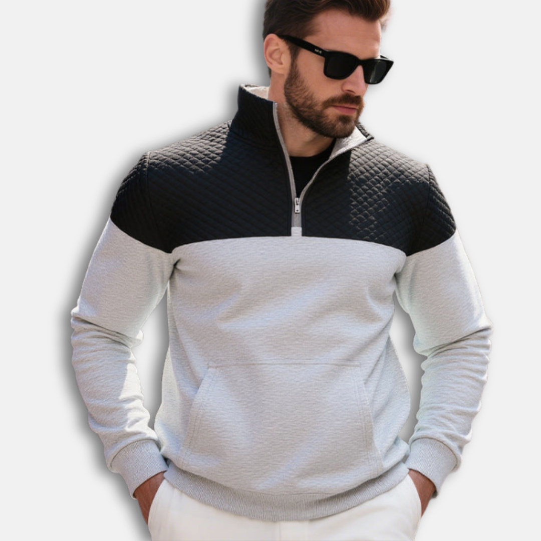Men's gray cotton blend half-zip sweatshirt stand collar quilted diamond pattern smart casual