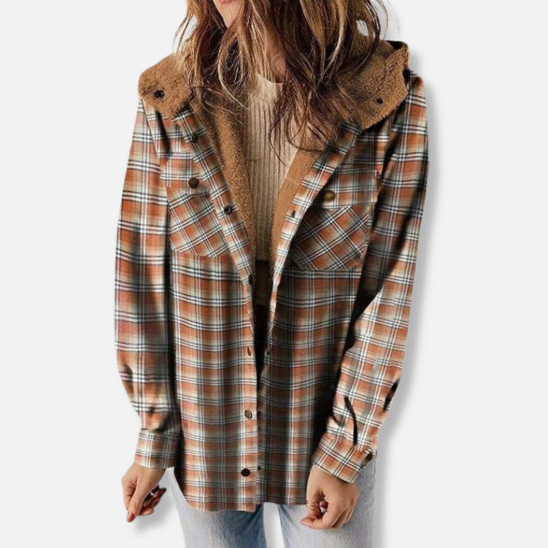 Women's relaxed fit checkered shirt jacket with hood in classic plaid pattern and front pockets