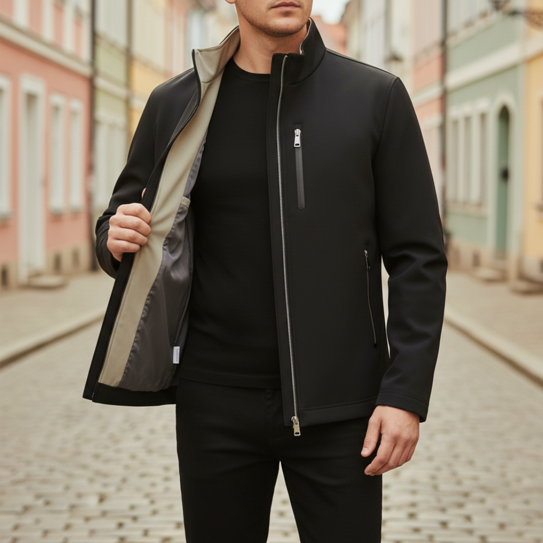 Men's softshell jacket wind-resistant waterproof zipper pockets slim modern fit for commute outdoor
