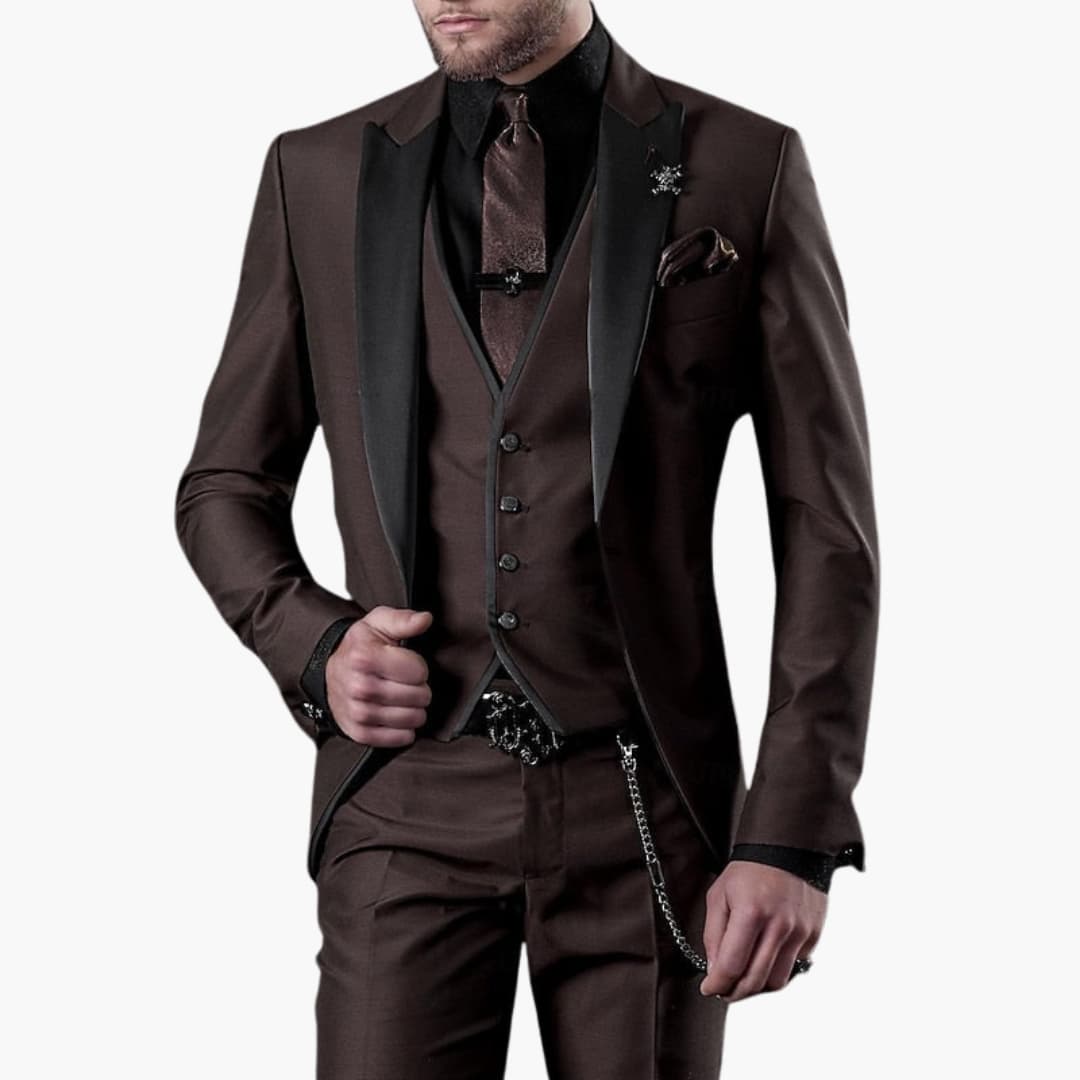 Men's black three-piece suit set with notched lapels, tailored waistcoat, formal elegant style