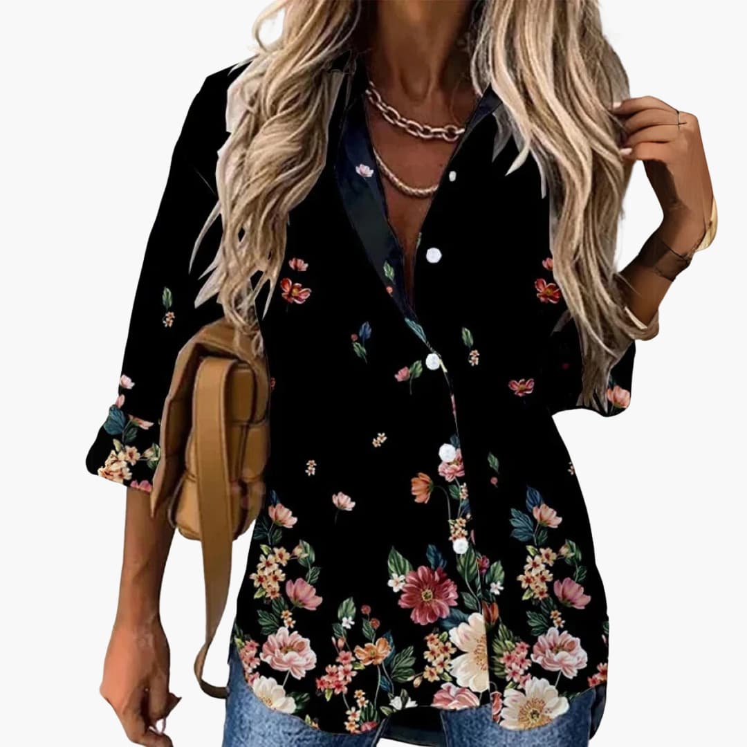 Women's floral blouse breathable lightweight fabric contrast design casual polished everyday comfort