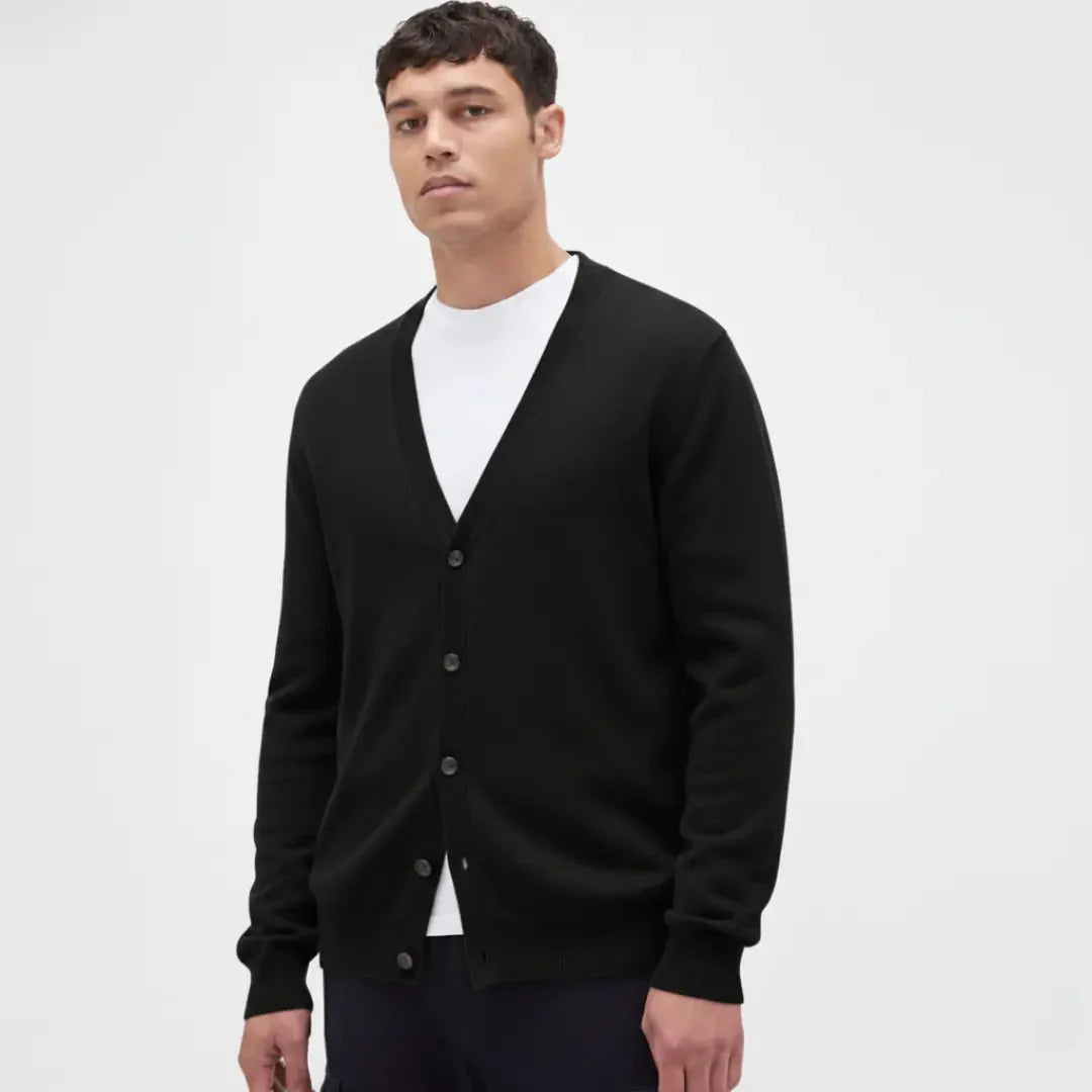 Luxurious soft cashmere button-up V-neck cardigan, breathable layering piece for modern professionals