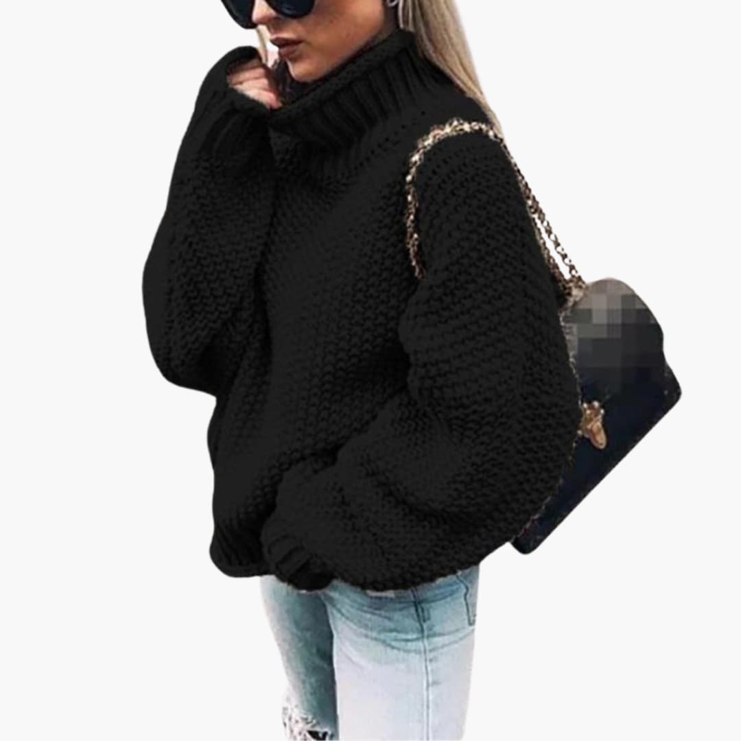 Women's textured knit turtleneck pullover straight silhouette long sleeves ribbed cuffs cozy sweater