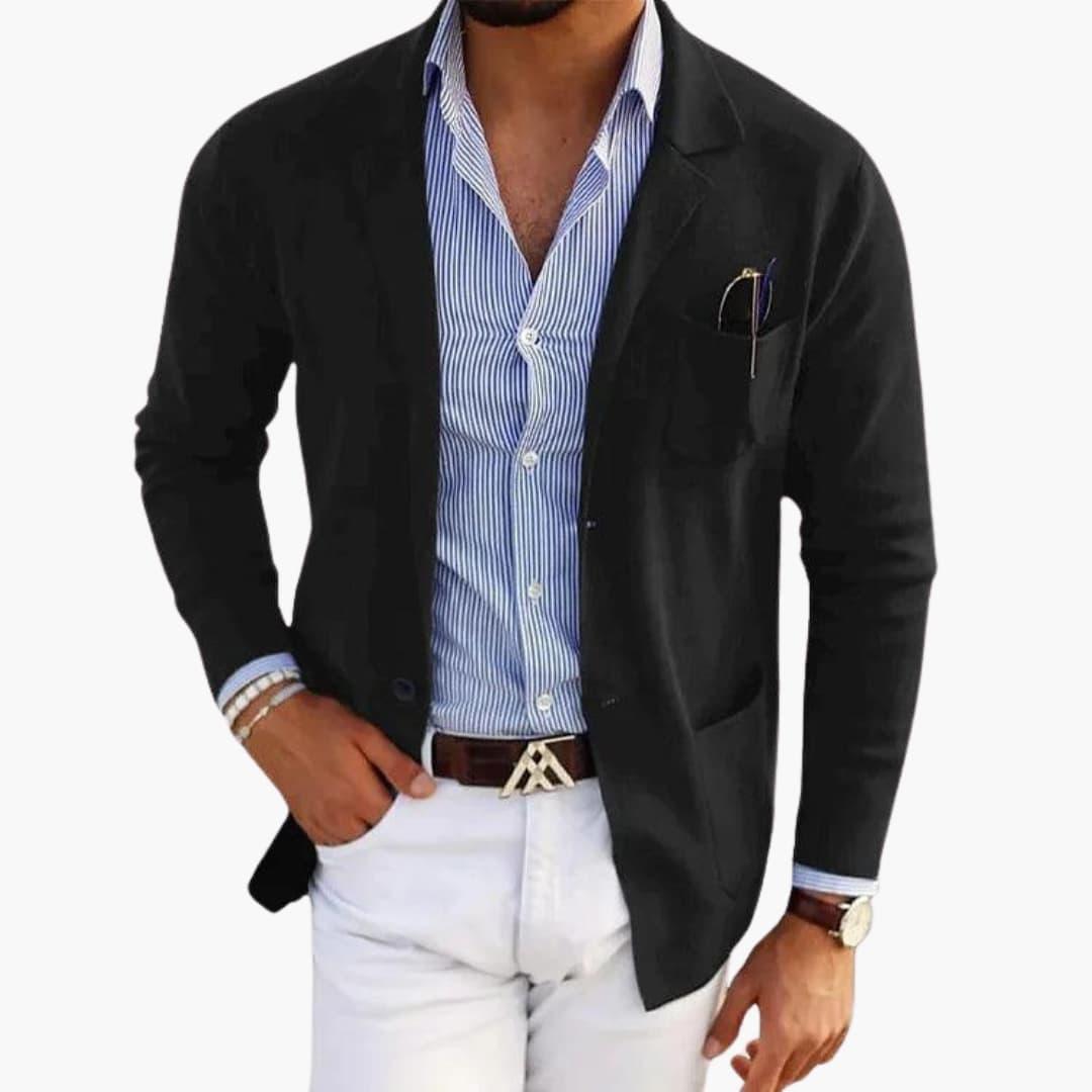 Men's navy knit blazer lapel collar slim fit structured front closure smart casual office wear