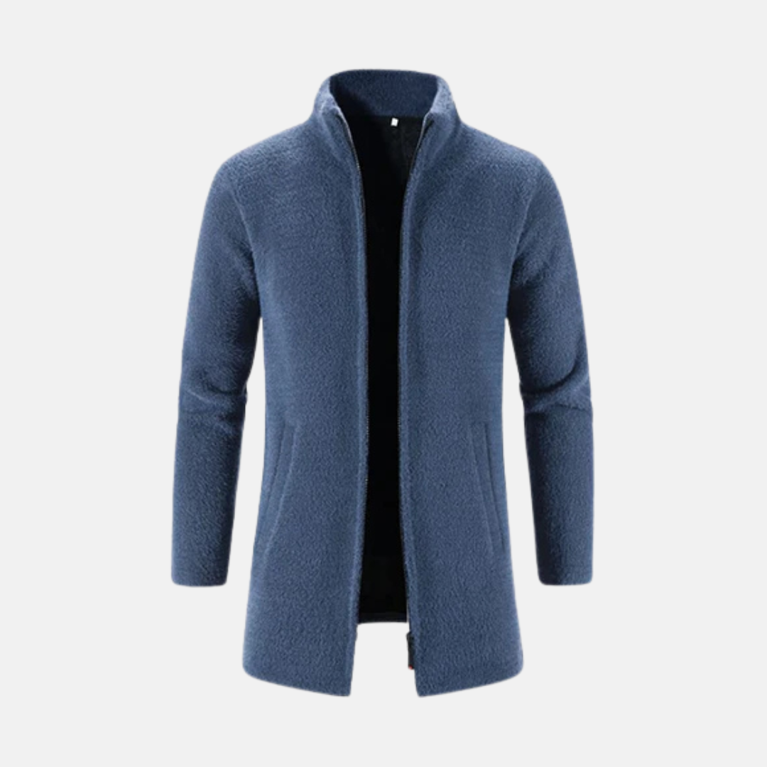Men's wool mid-thigh coat with stand-up collar, warm business casual outerwear in versatile style