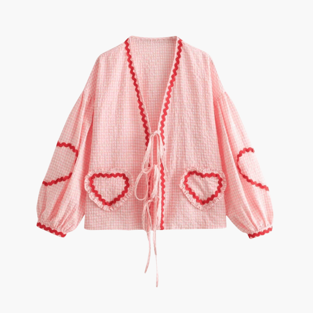 Women's blue white gingham blouse with heart-shaped pockets, casual feminine summer top with breezy fit