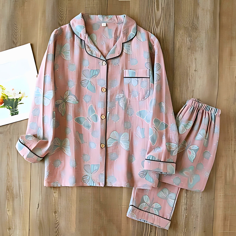 Women's butterfly print pajama set with button-front long-sleeve top and elastic waistband cozy fit