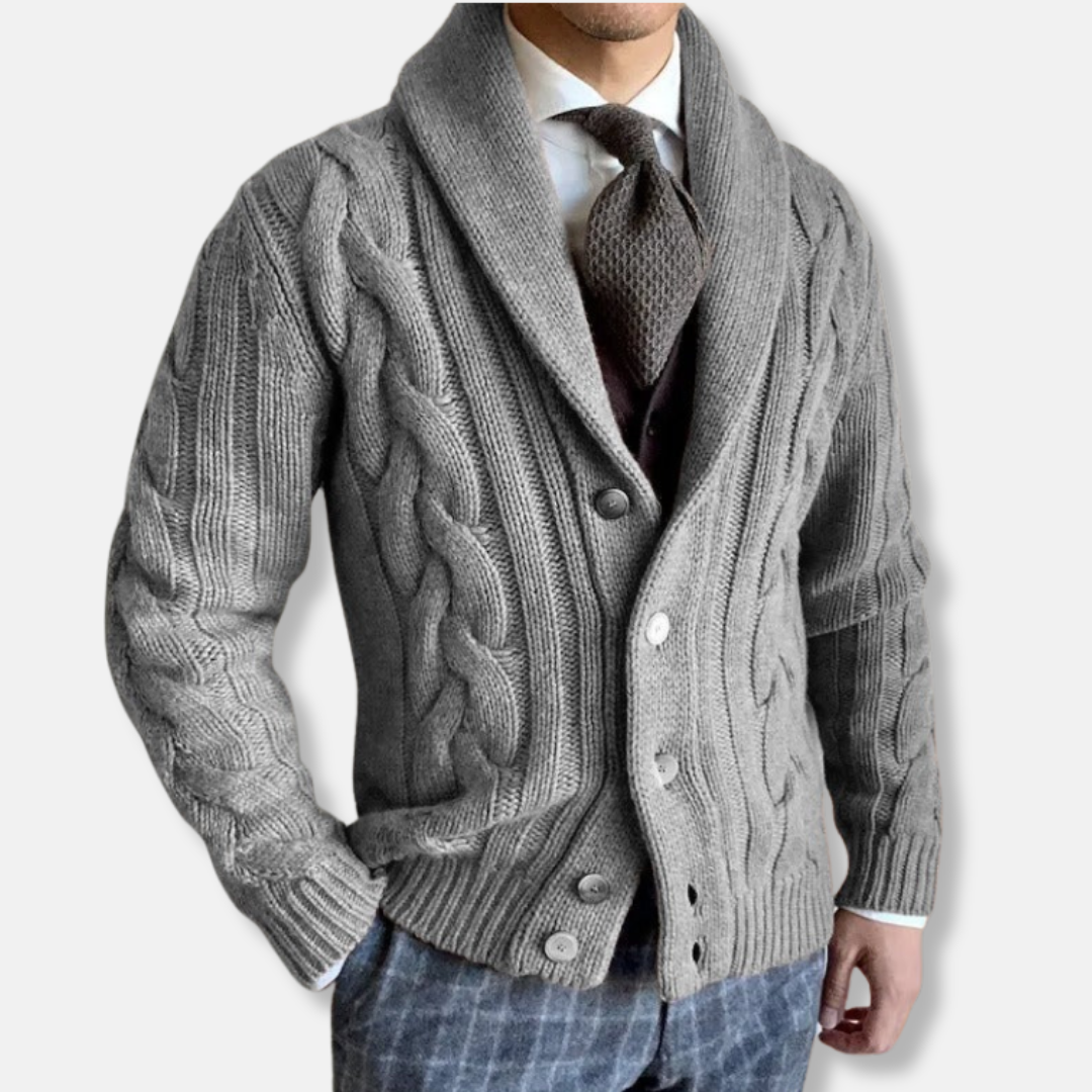 Men's cable knit cardigan shawl collar regular fit long sleeve wool feel cozy textured knit