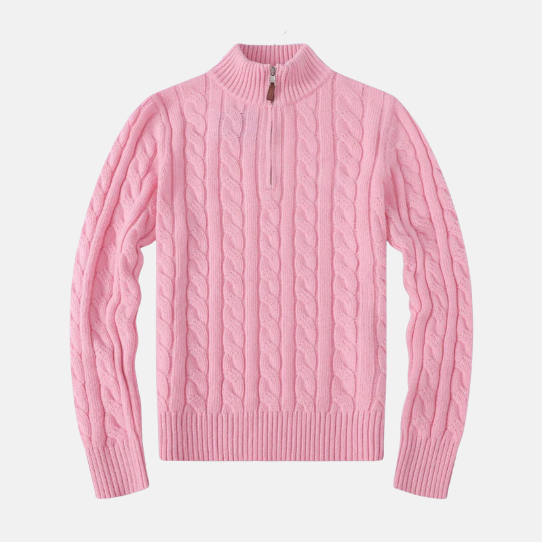 Men's cable knit cotton blend half-zip sweater with stand-up collar, smart casual style