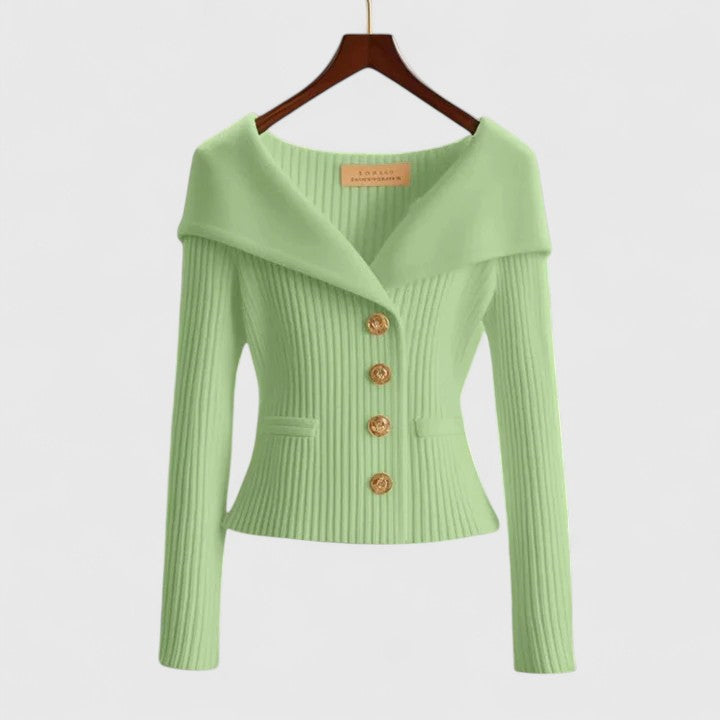Women's off-shoulder ribbed knit blazer in neutral tone with structured fit and gold-tone buttons