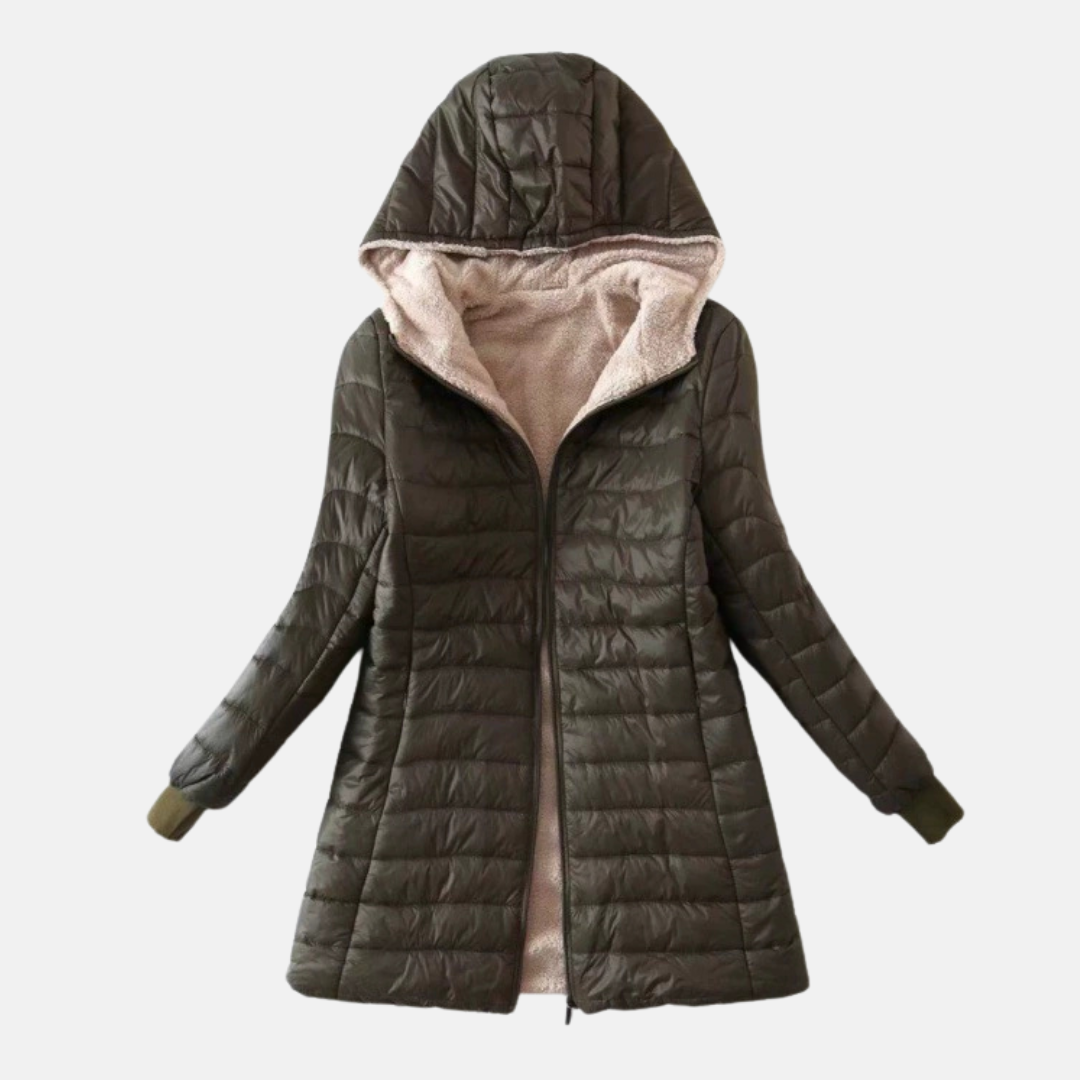 Women's mid-length hooded puffer coat quilted exterior plush lining regular fit versatile winter layer