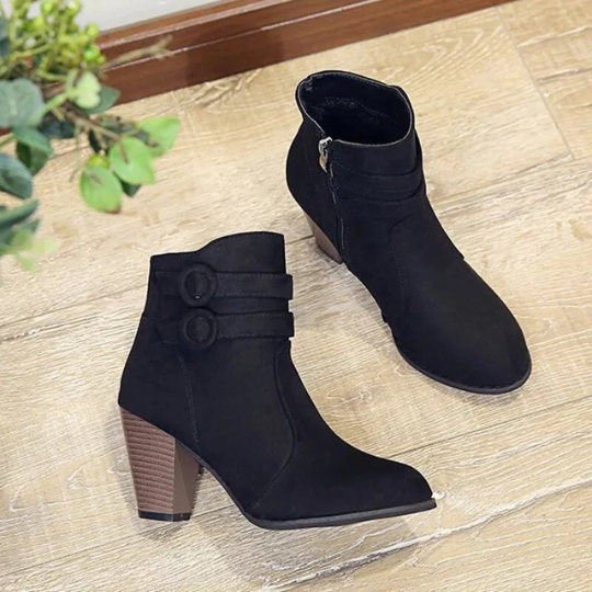 Kimberly black zip-up ankle boots with side buckle details, chic and elegant everyday style