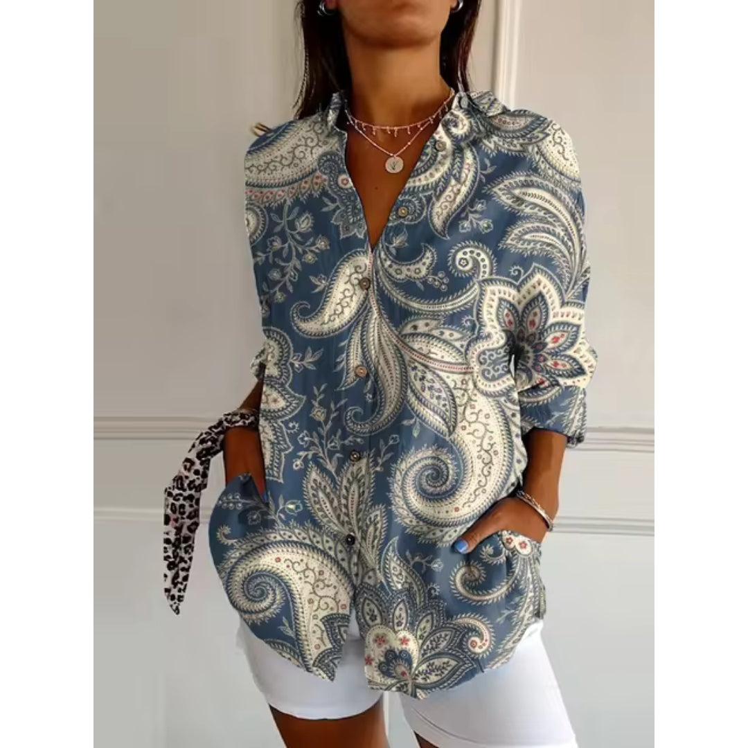 Women's floral print long sleeve button-front blouse with soft blooms and effortless chic silhouette