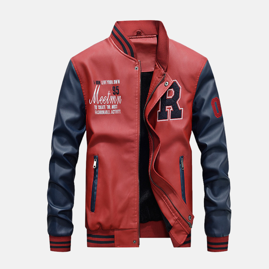 Men's black leather-look baseball jacket varsity fit with contrasting ribbed edges and snap closure