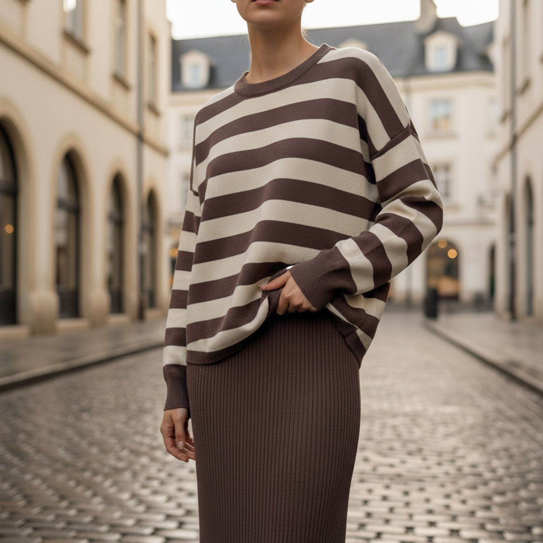 Women's oversized striped crew neck sweater and fitted midi skirt two-piece set for autumn winter