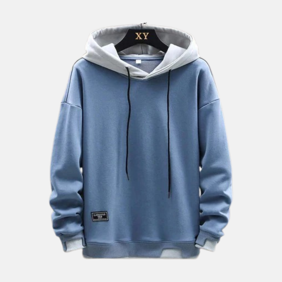 Men's oversized cotton-blend hoodie in neutral tone with dual layer hood and ribbed trim