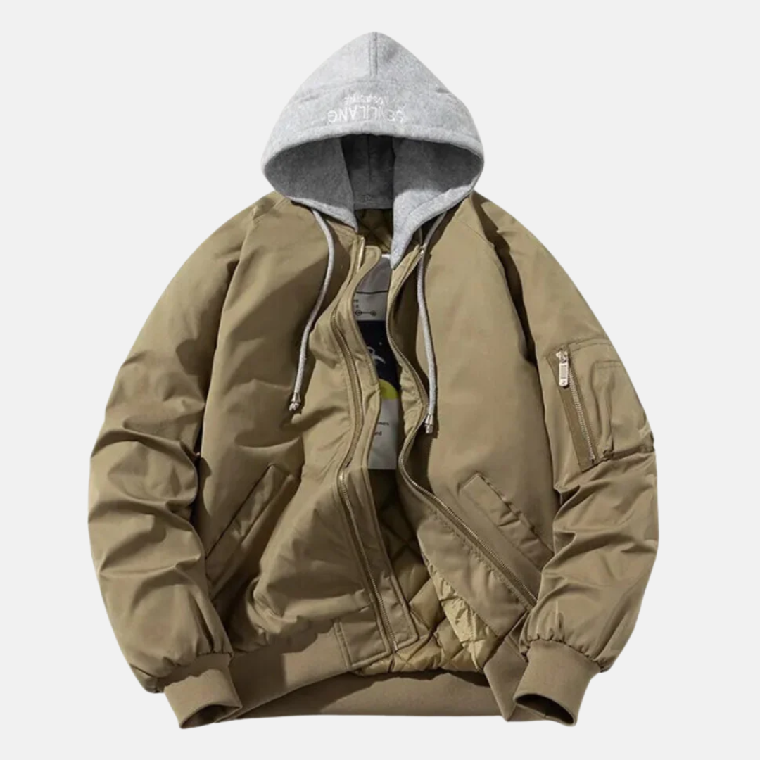 Men's navy bomber jacket relaxed fit quilted hooded lining utility sleeve pocket everyday warmth