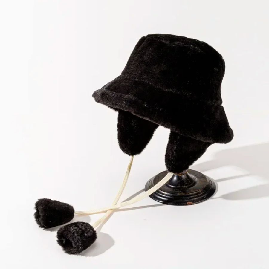 Furvia faux fur bucket hat with detachable zippered ear flaps, plush winter cold weather style