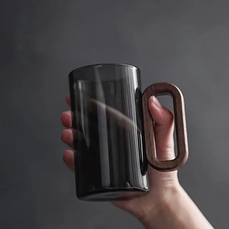Walnut handle borosilicate glass espresso mug 12oz minimalist design thermal shock resistant