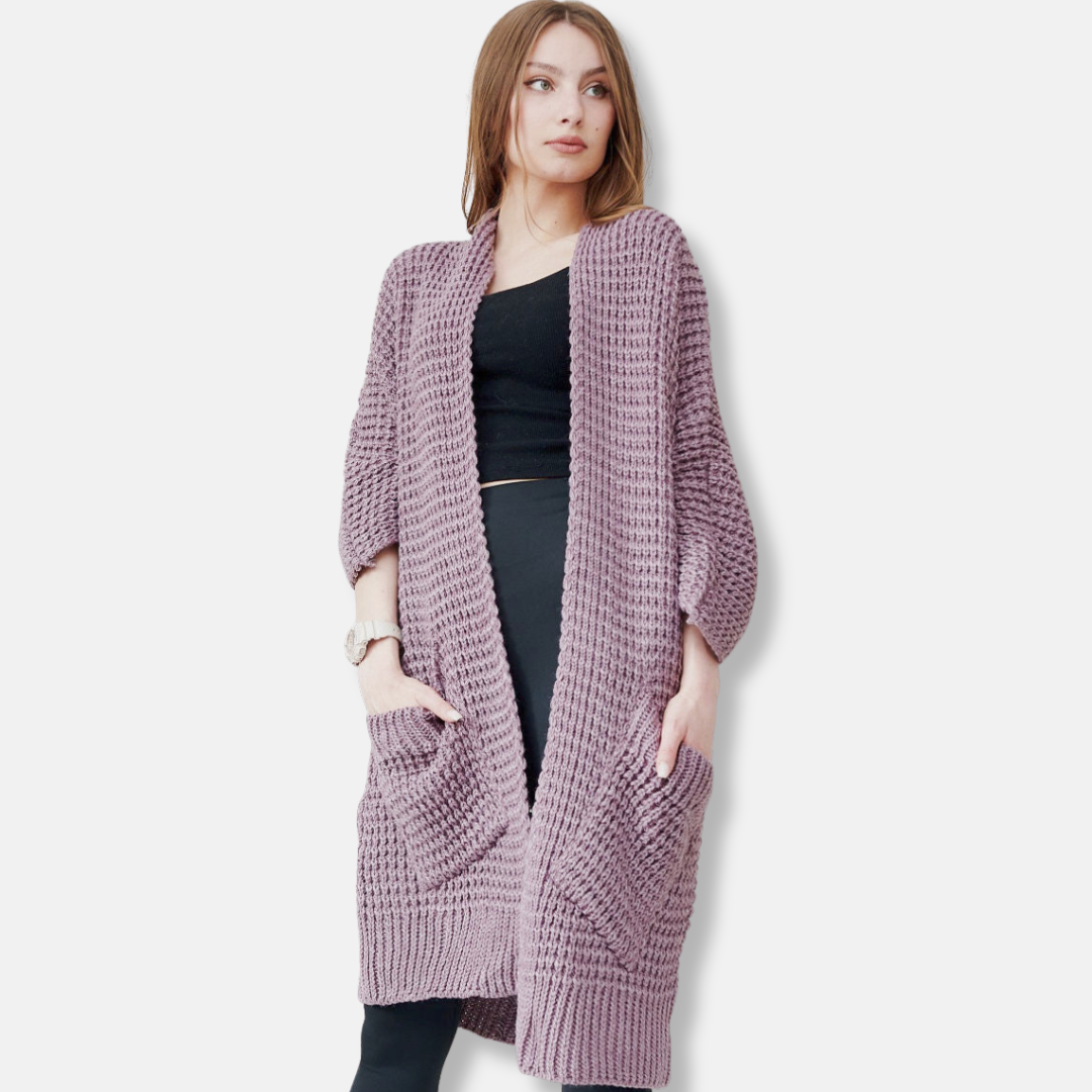 Women's oversized chunky knit wool blend coat open front with patch pockets in neutral tone