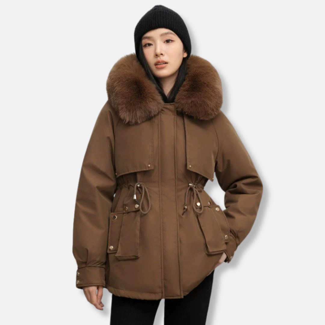Women's weather-resistant mid-thigh parka jacket with faux fur collar and drawstring waist