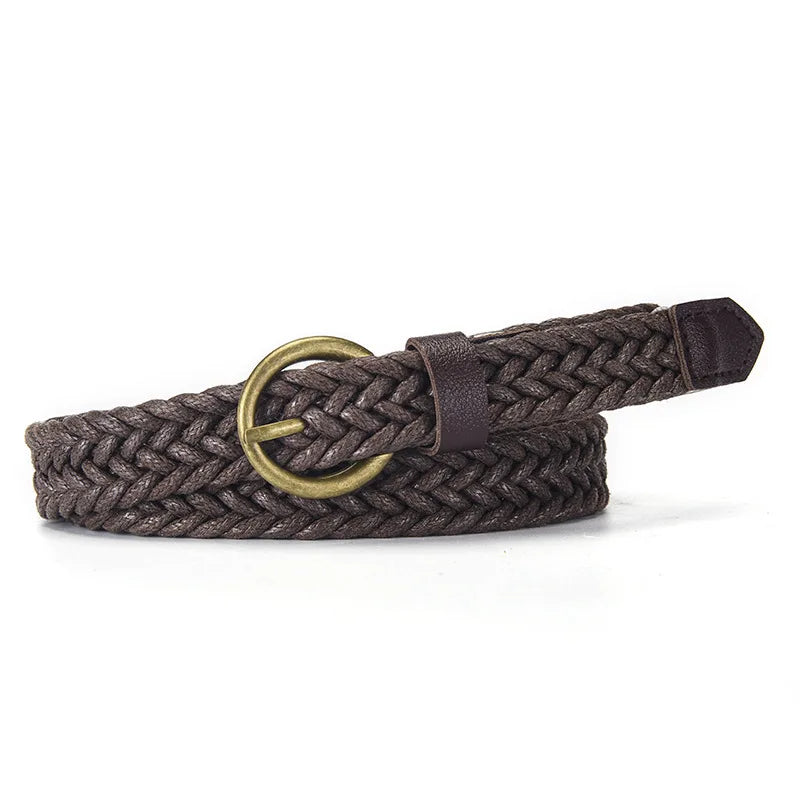 Milene unisex braided rope belt soft waxed texture vintage brass buckle no-holes flexible fit