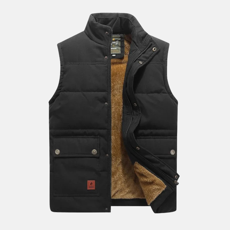 Men's quilted woven vest with stand-up collar and snap pockets for versatile casual layering