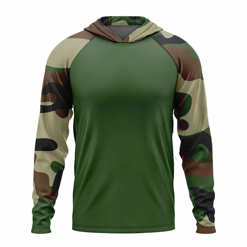 Tactical camo hoodie with QuickDry fabric, UPF 50 sun protection, matte body and camo-print sleeves