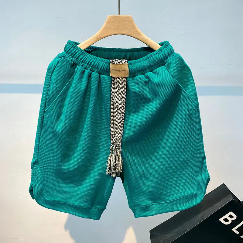 Men's waffle knit cotton shorts neutral tone oversized rope drawstring relaxed streetwear fit