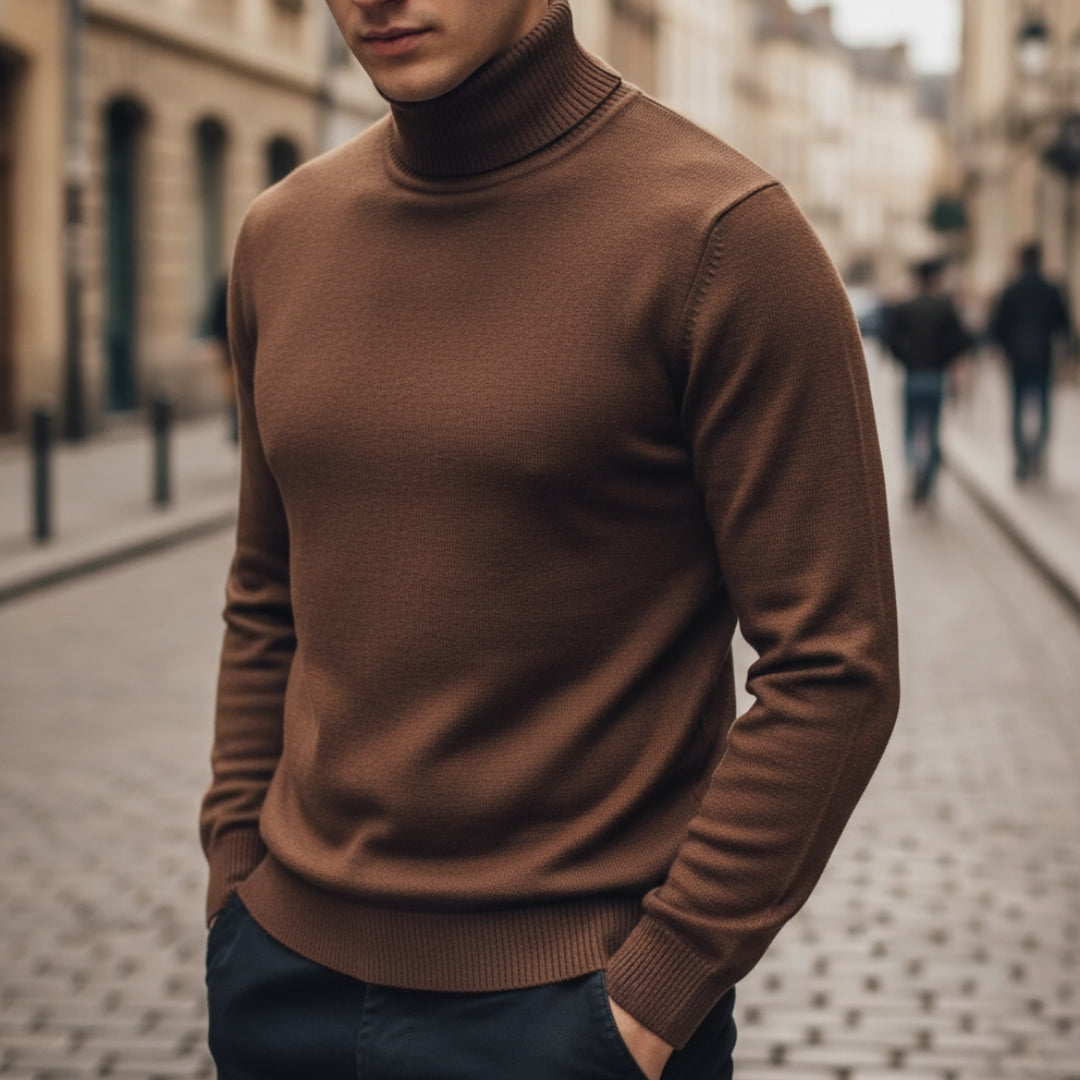Men's collarless knitted cardigan neutral tones contrast stitching minimalist casual layering style