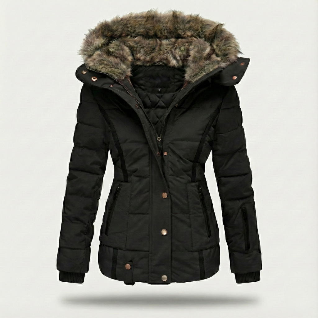 Women's black insulated puffer jacket with faux fur lined hood, tailored waist-shaping fit