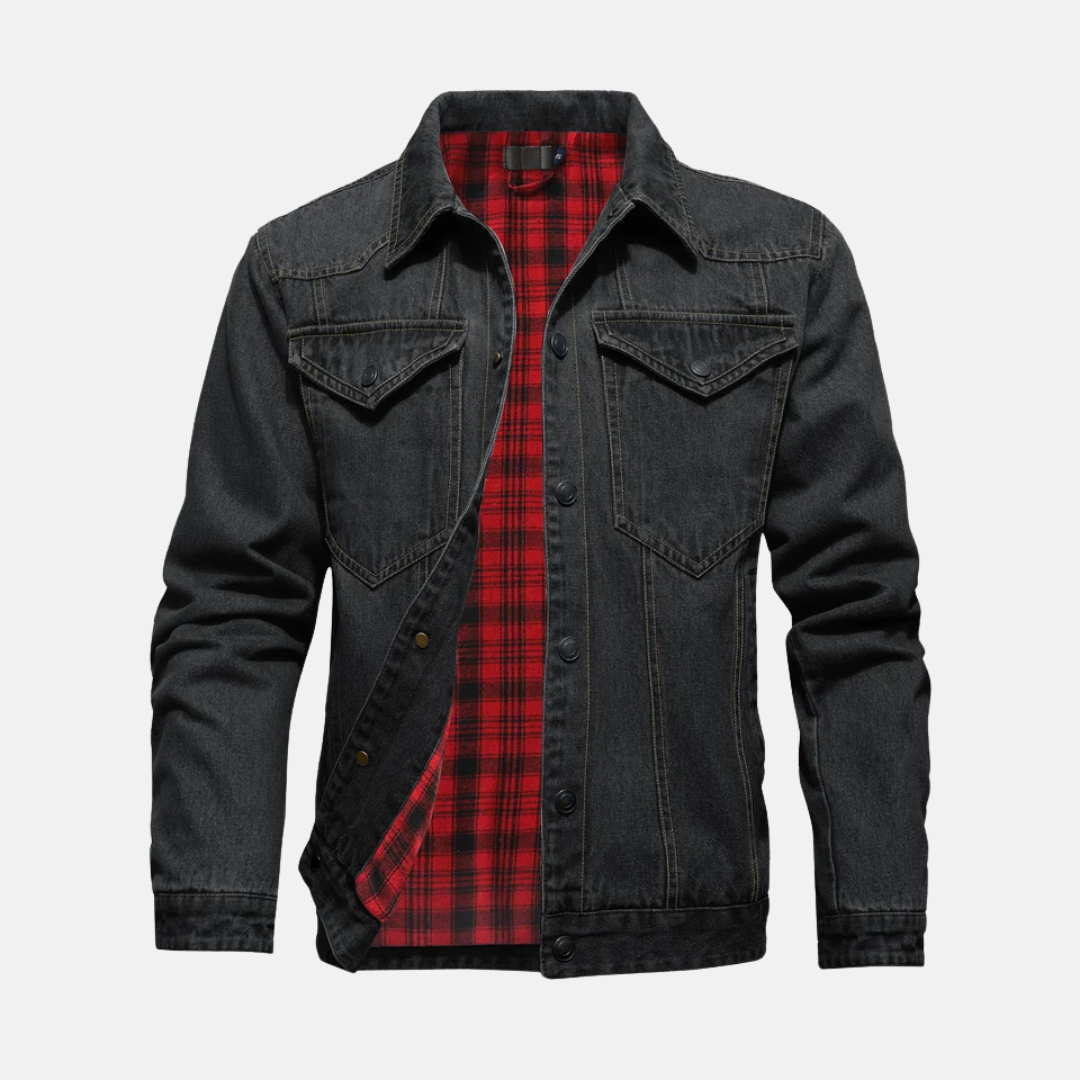 Men's relaxed hip-length denim jacket with flannel lining, chest pockets, casual layering style