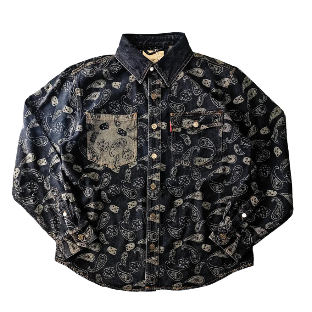 Men's heavyweight denim shirt cashew fade print contrast pocket relaxed casual blue cotton blend