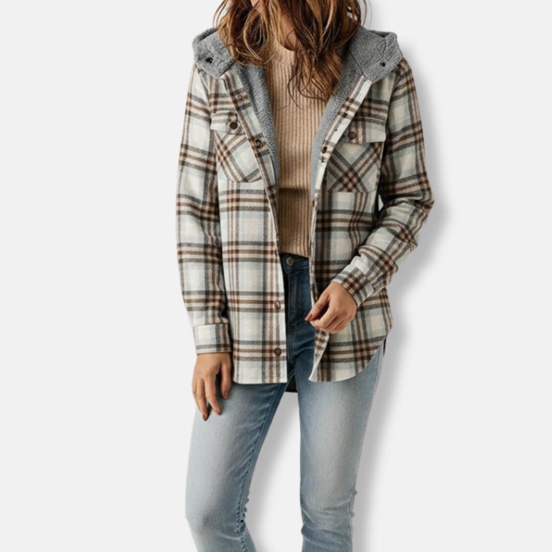 Women's oversized plaid shacket cotton blend sherpa-lined hooded point collar cozy fall layer