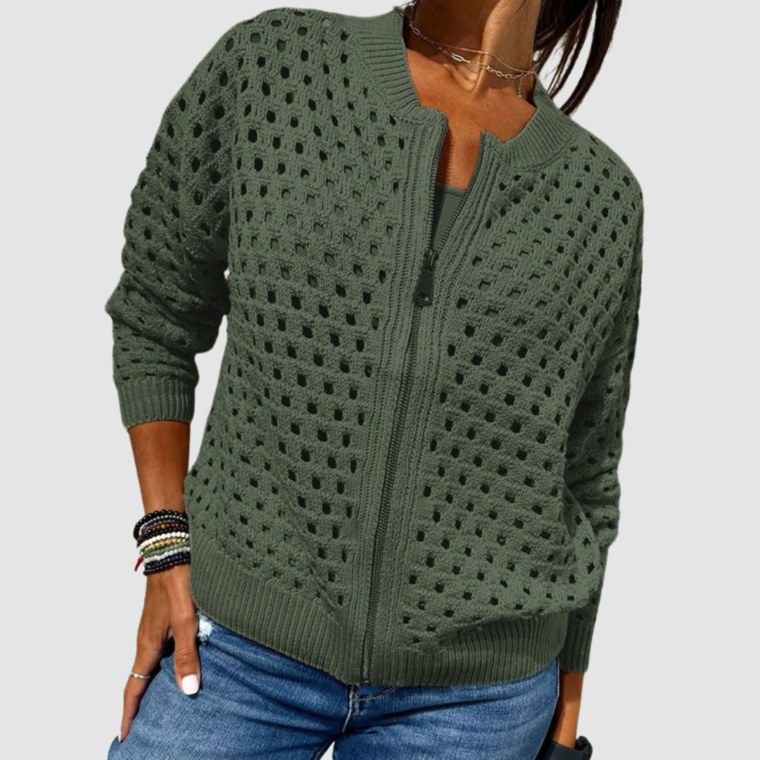 Women's zip-front knit cardigan with light openwork texture, relaxed silhouette for effortless layering