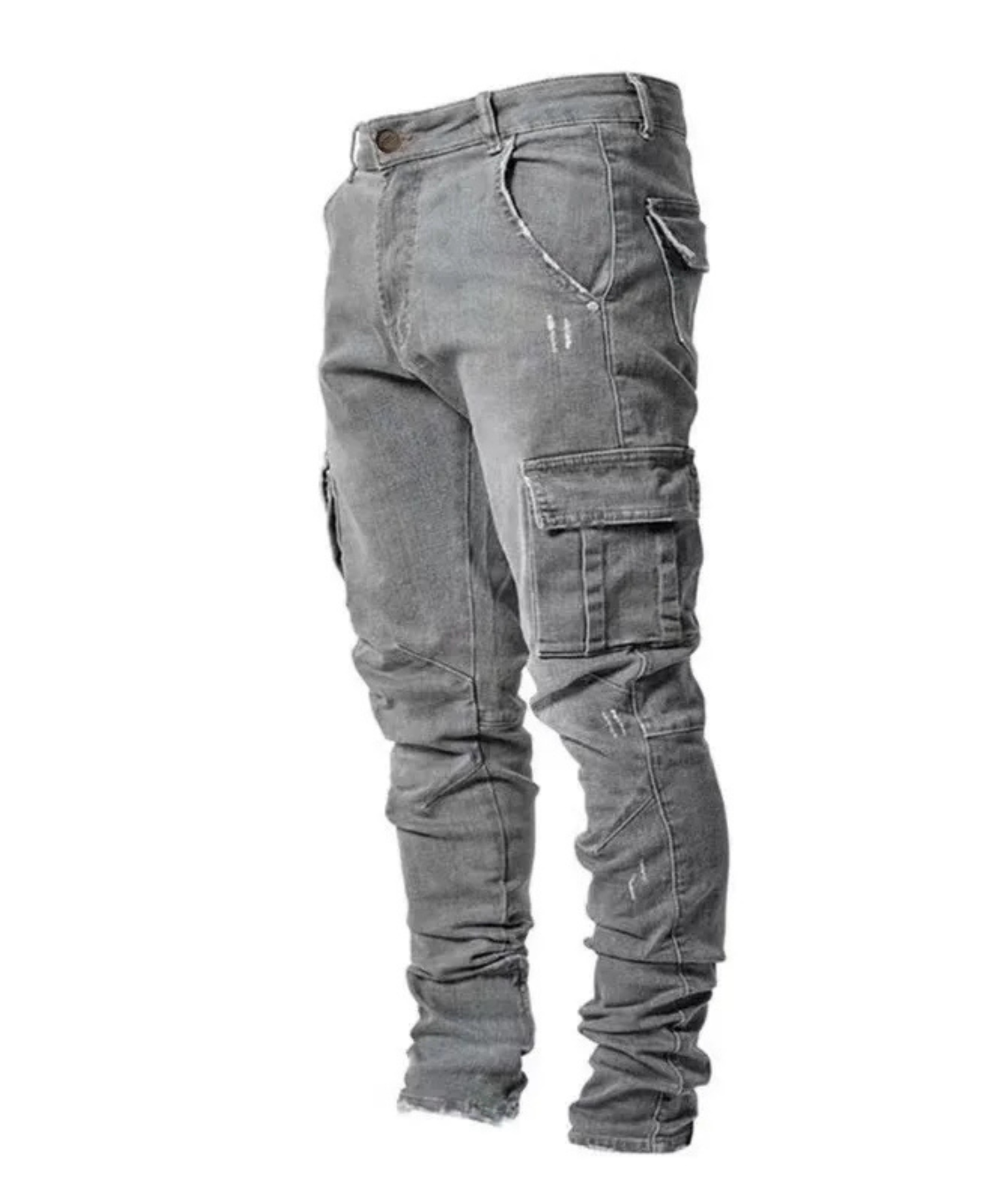 Men's stacked slim tapered denim jeans stretch cargo pockets sculpted fit contemporary blue