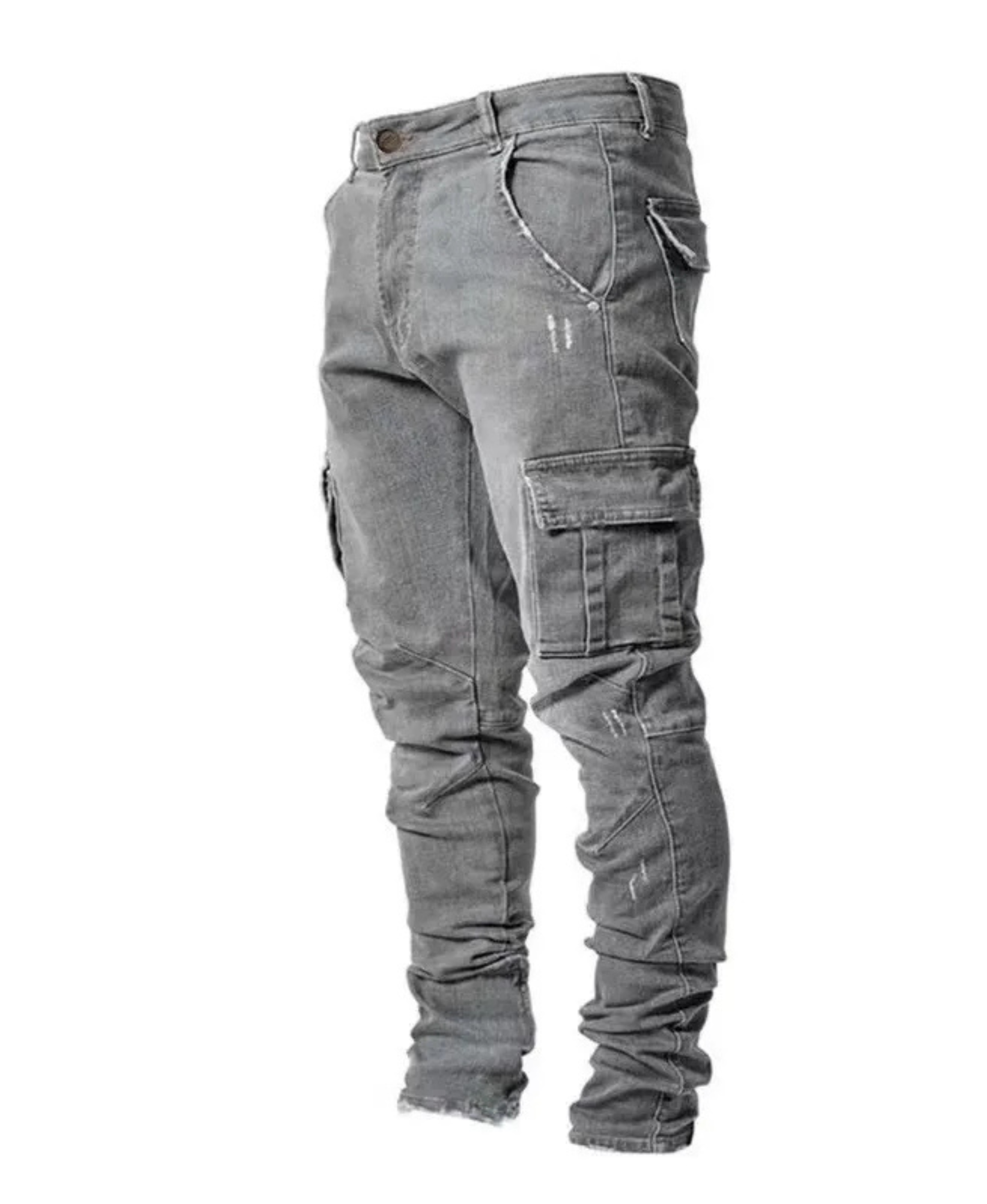 Men's stacked slim tapered denim jeans stretch cargo pockets sculpted fit contemporary blue