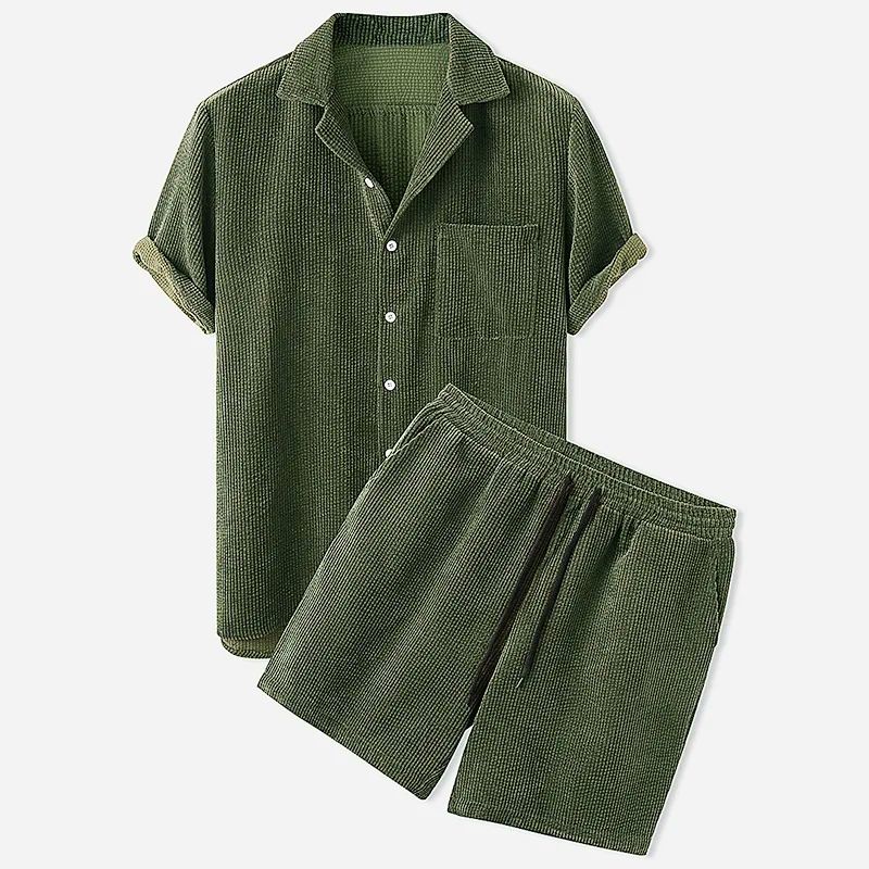 Kids light beige corduroy two-piece set matching shirt and shorts relaxed sunny day style