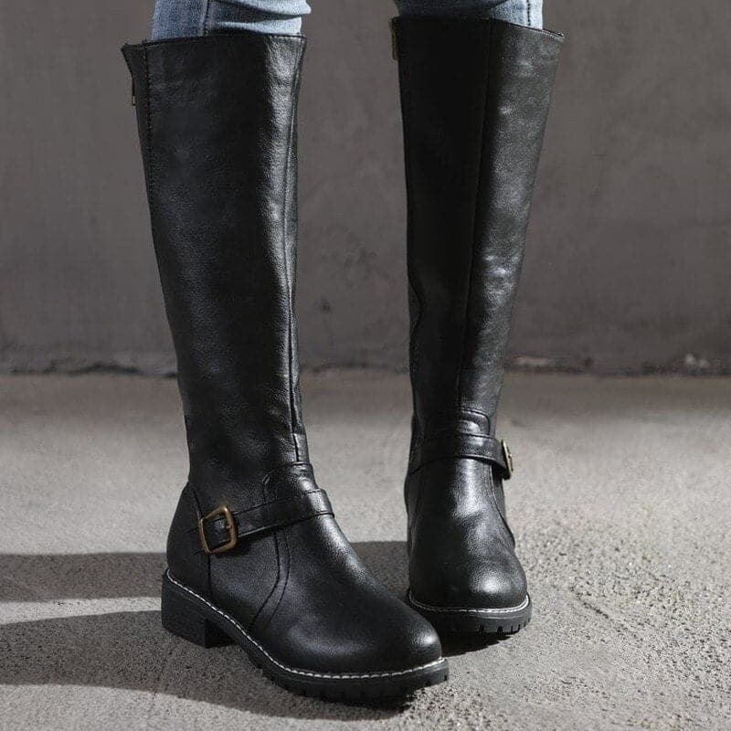 Women's black knee-high boots leather-look low heel zipper closure with buckle details