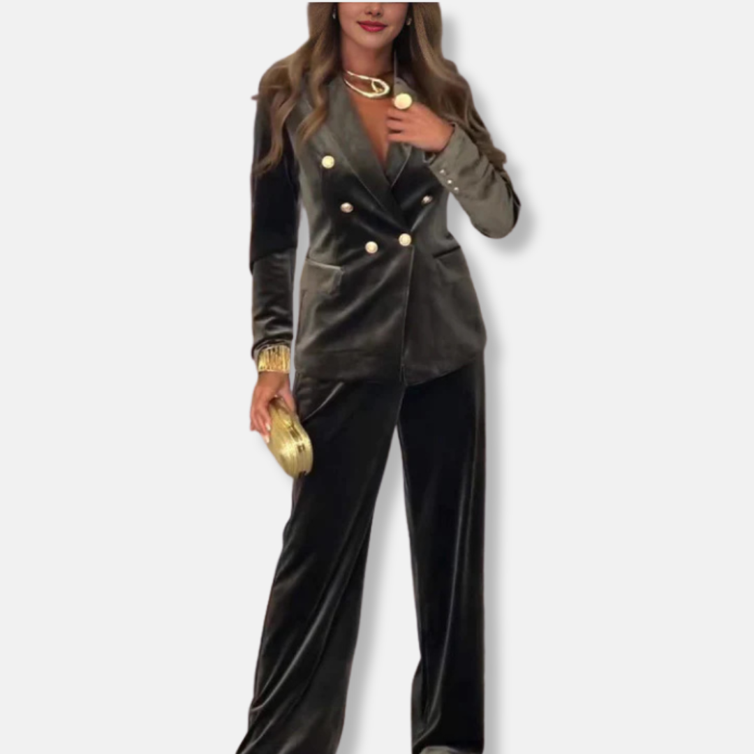 Women's burgundy velvet two-piece set tailored blazer wide leg trousers plush texture winter elegance
