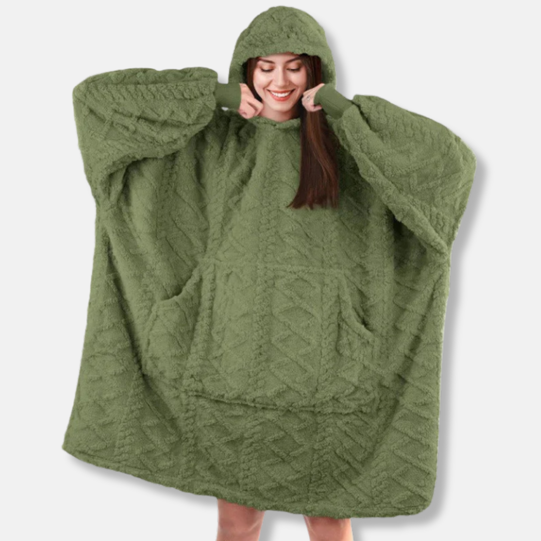 Women's oversized plush knit hoodie blanket in cozy fit with kangaroo pocket for lounging