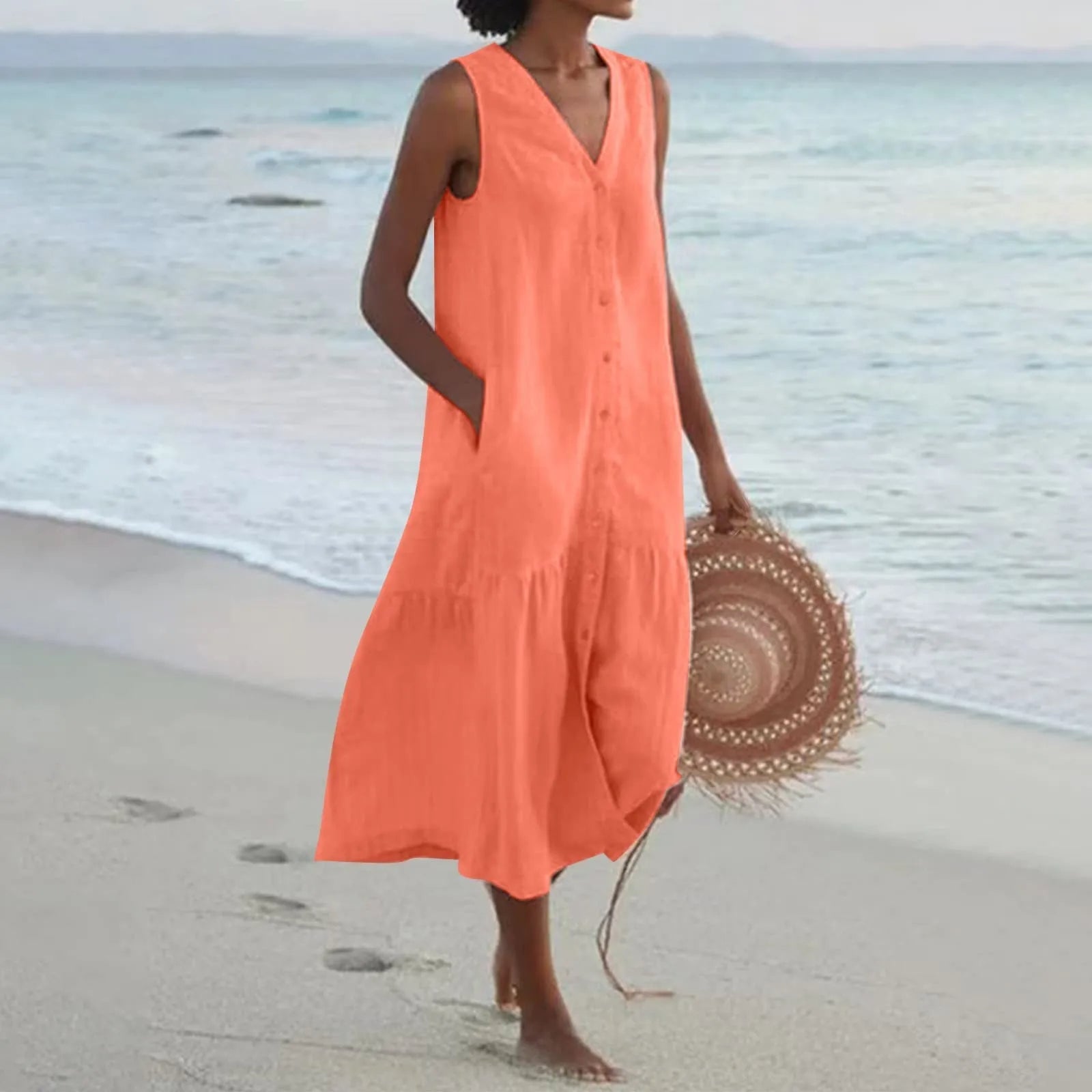 Women's elegant linen V-neck dress, breathable silhouette flattering cut for spring and summer occasions
